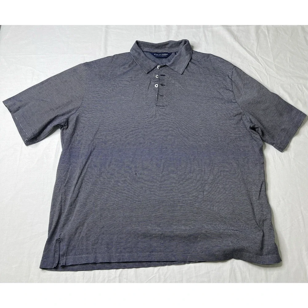POLO GOLF RALPH LAUREN Mens XL Striped‎ Navy Blue Pima Cotton Polo Shirt